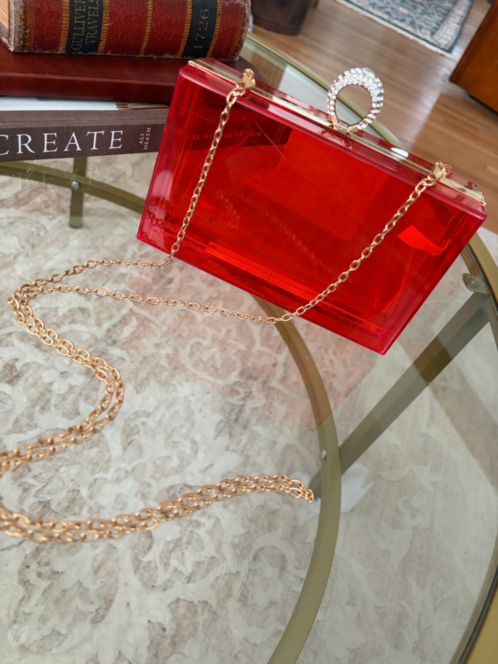 Red Acrylic Box Clutch Rhinestone Ring Clasp Gold Chain Evening Bag - Picture 2 of 14